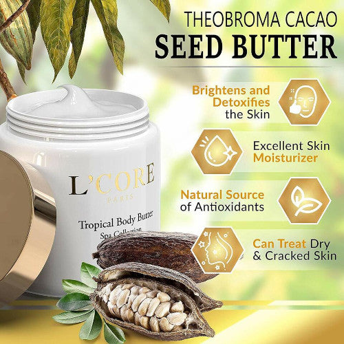 L'core paris Mantequilla corporal tropical con rico extracto de semilla de cacao - Crema corporal hidratante e hidratante - Antioxidantes antienvejecimiento Control natural de celulitis y estrías - 8.4 fl oz/8.5 fl oz