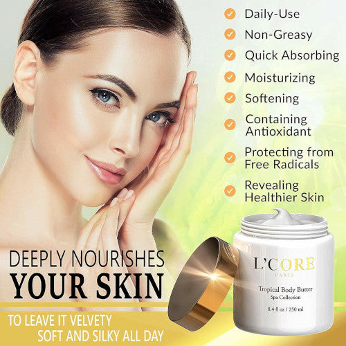 L'core paris Mantequilla corporal tropical con rico extracto de semilla de cacao - Crema corporal hidratante e hidratante - Antioxidantes antienvejecimiento Control natural de celulitis y estrías - 8.4 fl oz/8.5 fl oz