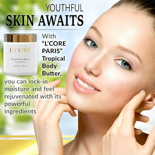 L'core paris Mantequilla corporal tropical con rico extracto de semilla de cacao - Crema corporal hidratante e hidratante - Antioxidantes antienvejecimiento Control natural de celulitis y estrías - 8.4 fl oz/8.5 fl oz