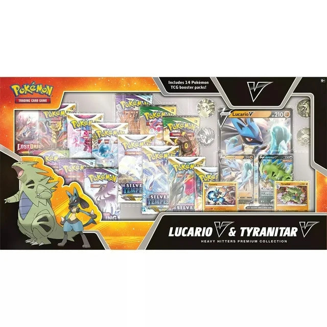 Pokémon Lucario V & Tyranitar V Heavy Hitters Premium Collection – 14 Booster Packs, 4 Foil Cards, Oversize Card, 4 Coins – 2023 Sealed