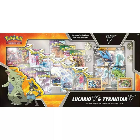 Pokemon Sword & Shield Lucario V & Tyranitar V (Heavy Hitters, 2023 Version) Exclusive Premium Collection [14 Booster Packs, 4 Foil Cards, 2 Oversize Cards, 4 Coins, Version 2]