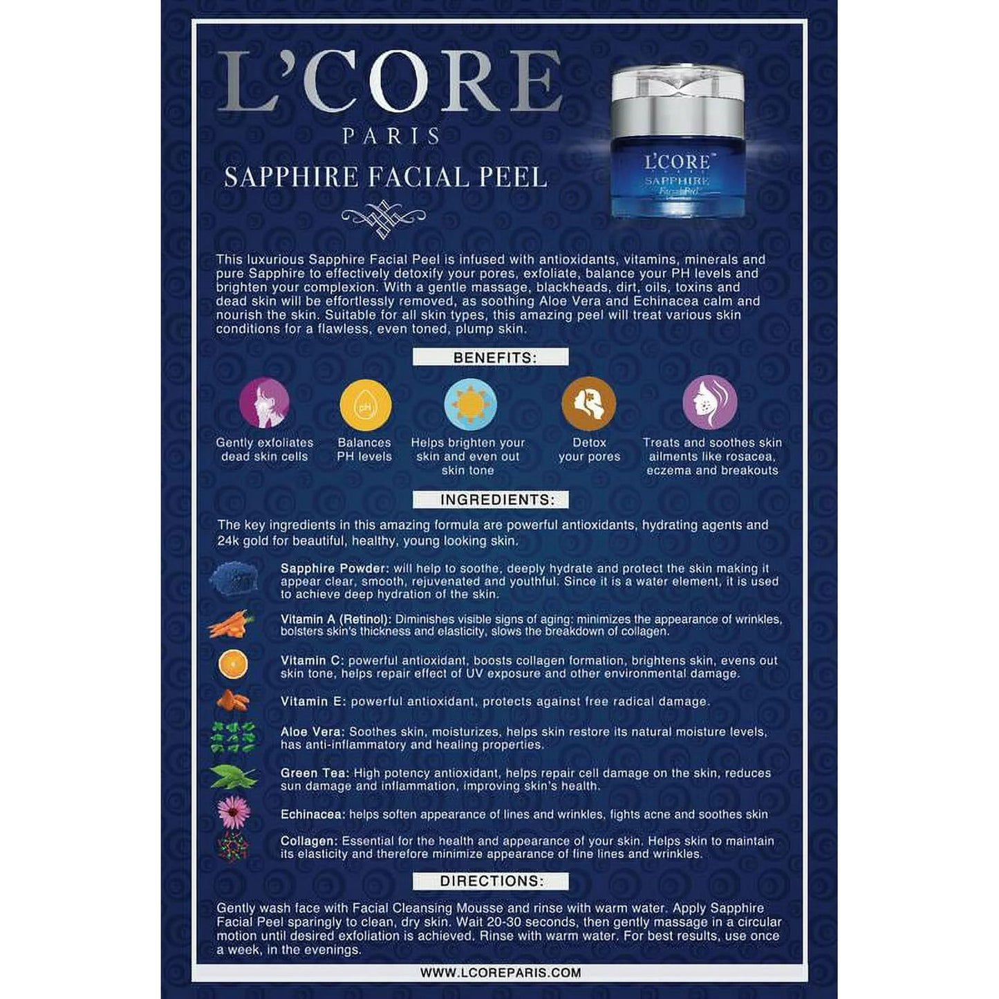 L'Core Paris Sapphire Facial Peel con extractos orgánicos - Gel exfoliante facial antienvejecimiento infundido con minerales y polvo de zafiro real - 1.7oz/50ml