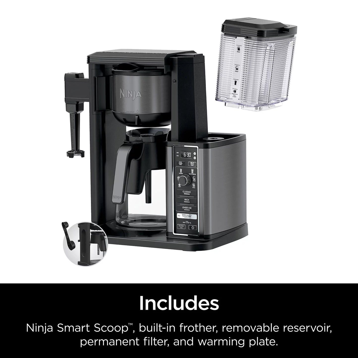 Cafetera especial Ninja con espumador plegable y jarra de vidrio negra