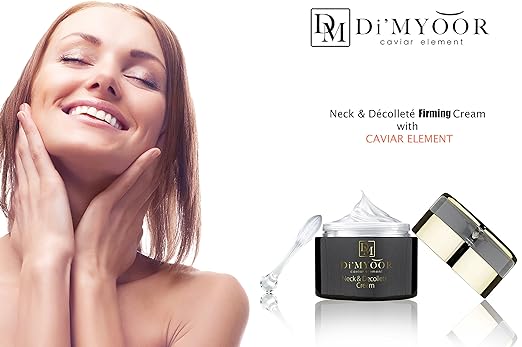 Di'myoor Crema reafirmante para cuello y escote con elemento caviar, 3 en 1: reafirma la piel flácida y flácida, retiene el brillo juvenil 1.7 oz.