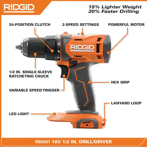 Kit combinado de taladro/destornillador inalámbrico RIDGID de 18 V de 1/2 pulg. y sierra circular de 6-1/2 pulg. con batería de 2,0 Ah y 4,0 Ah, cargador y bolsa