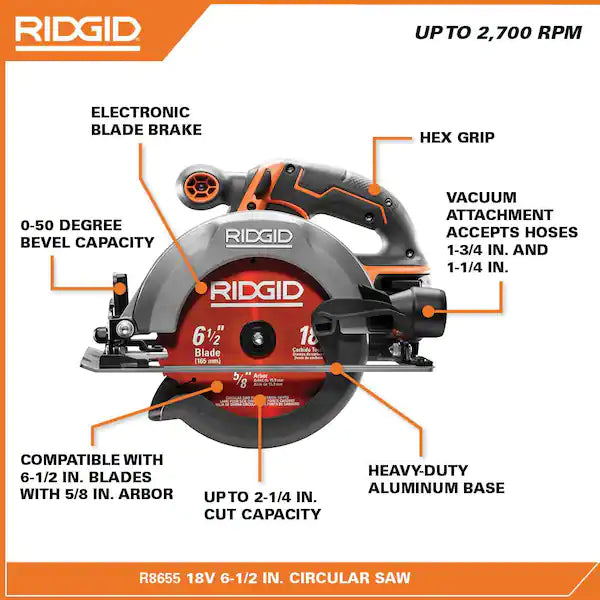 Kit combinado de taladro/destornillador inalámbrico RIDGID de 18 V de 1/2 pulg. y sierra circular de 6-1/2 pulg. con batería de 2,0 Ah y 4,0 Ah, cargador y bolsa