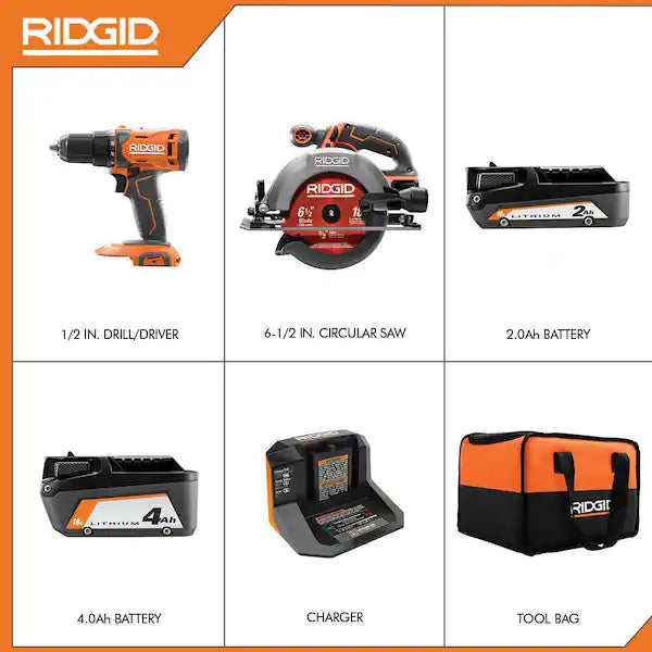 Kit combinado de taladro/destornillador inalámbrico RIDGID de 18 V de 1/2 pulg. y sierra circular de 6-1/2 pulg. con batería de 2,0 Ah y 4,0 Ah, cargador y bolsa